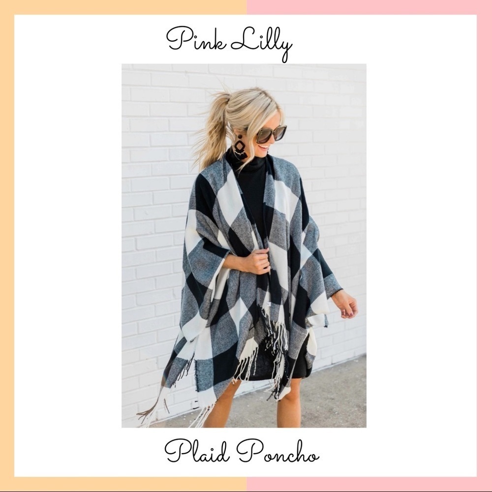 Pink Lily Black & White Plaid Poncho